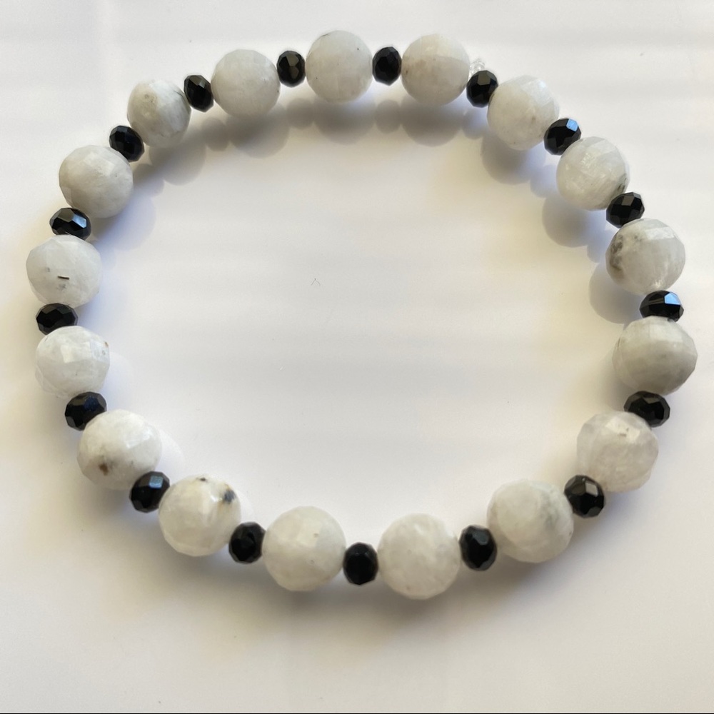 New Peppered Moonstone Bracelet step cut rounds with Crystal spacers